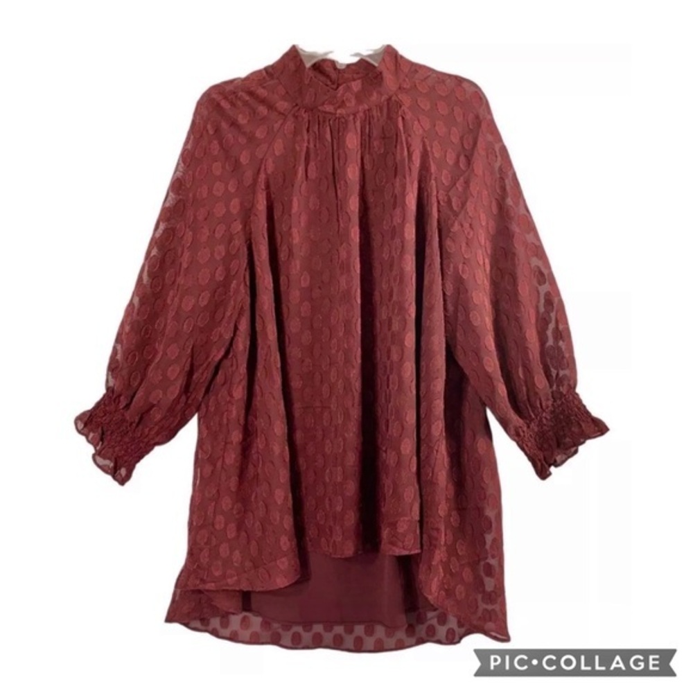 DR2 Rust Brown Polka Dot Mock Neck High Low Top M NWT Boho Cottagecore
